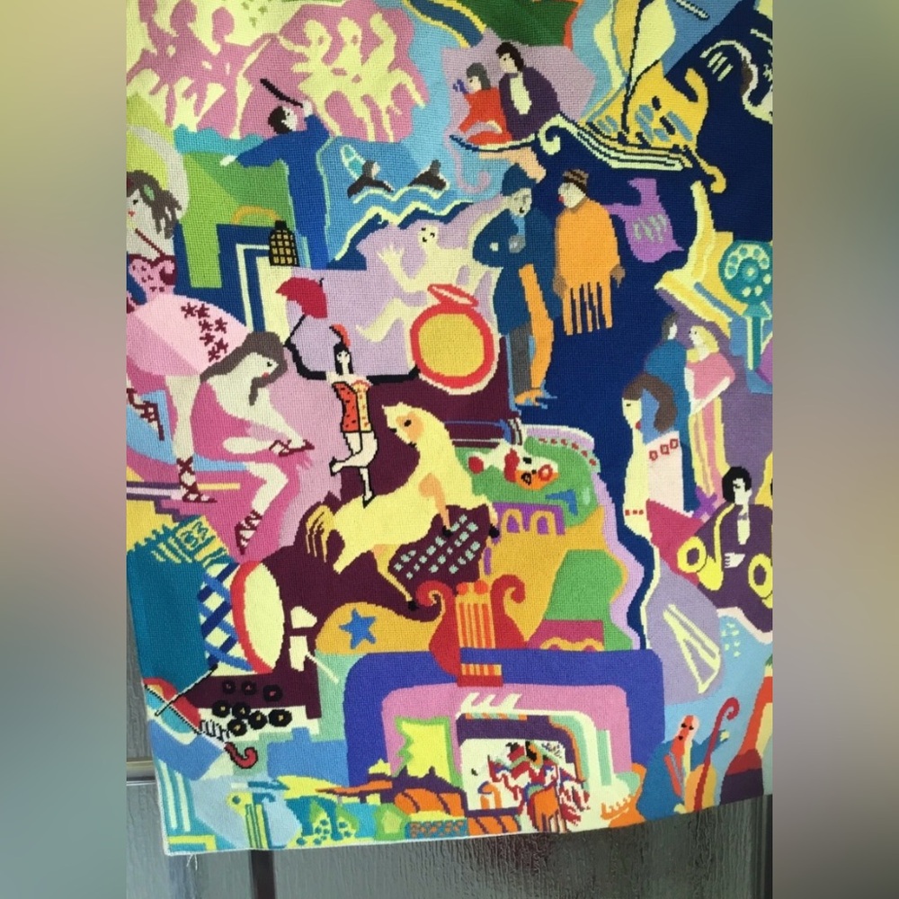 FABULOUS GIGANTIC HANDMADE COLORFUL NEEDLEPOINT CIRCUS TAPESTRY